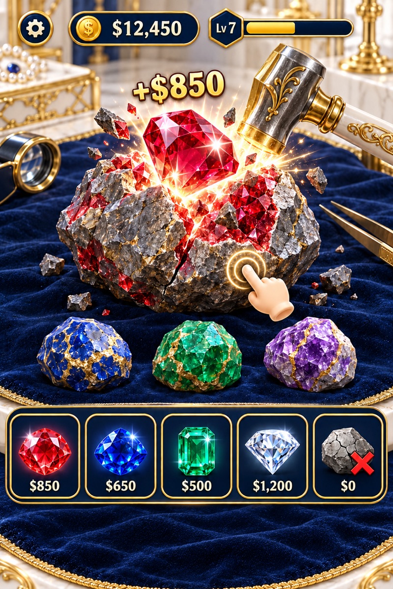 Gameplay concept: cracking a rough ore to reveal a ruby